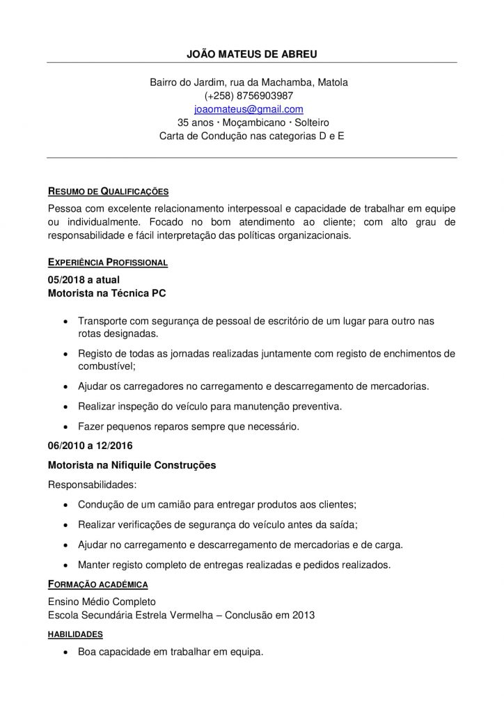 exemplo deCurriculum de motorista profissional