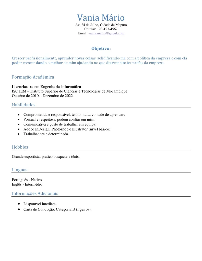currículo para primeiro emprego pronto