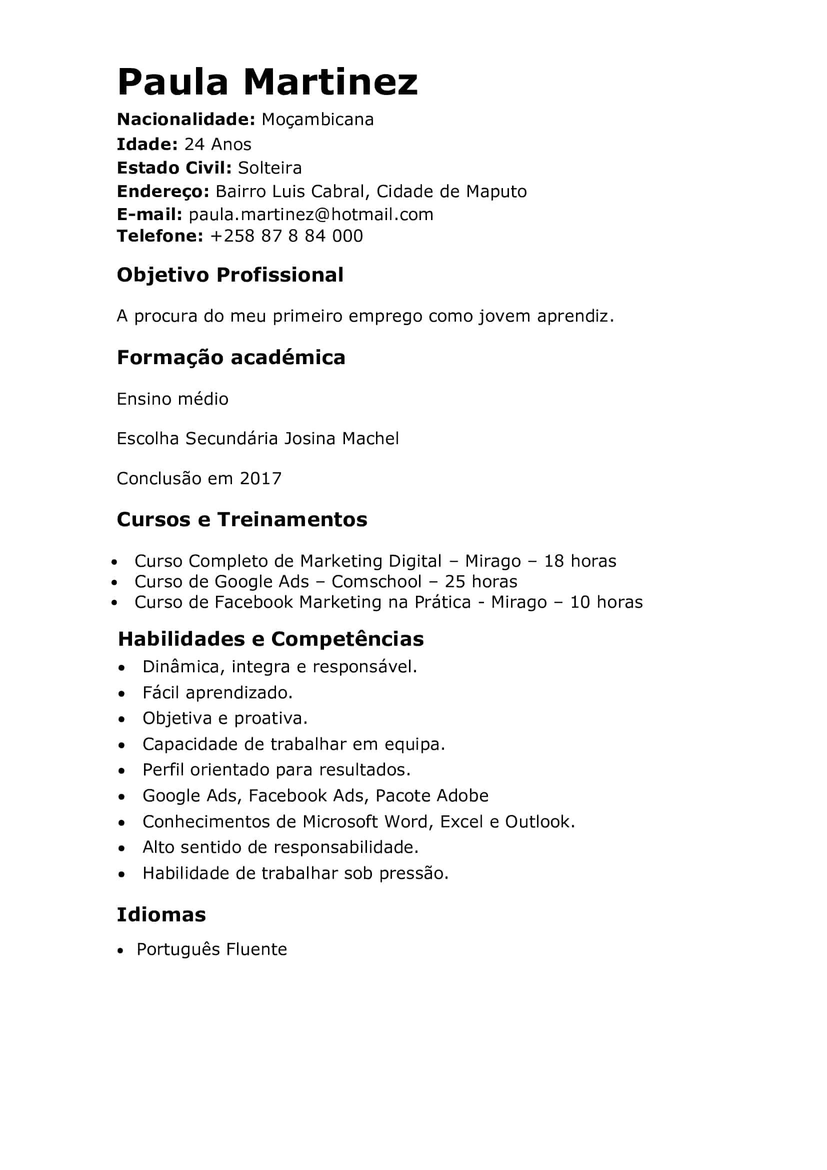 Modelo de currículo de Jovem Aprendiz pronto em Word