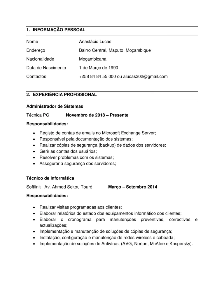 currículo para técnico de informática