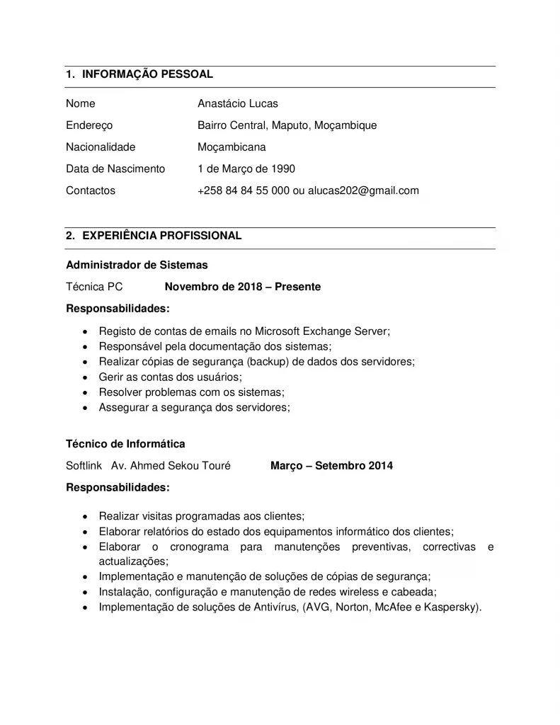 currículo para técnico de informática
