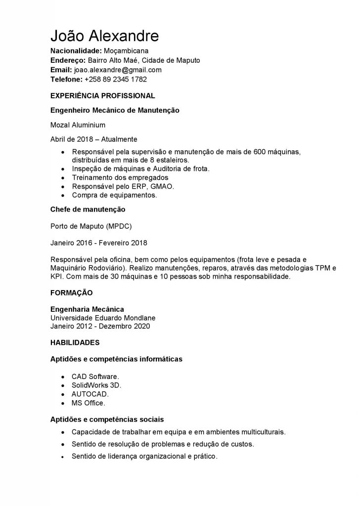 currículo de engenheiro mecânico