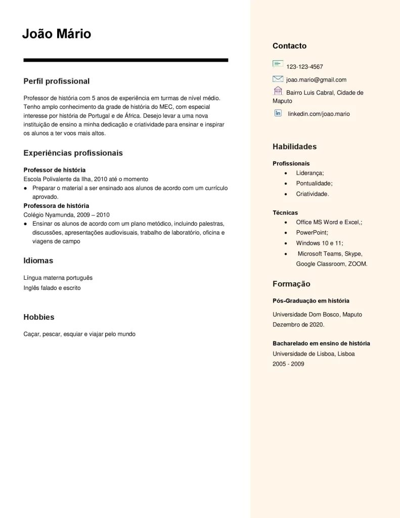 Modelo de currículo para professor