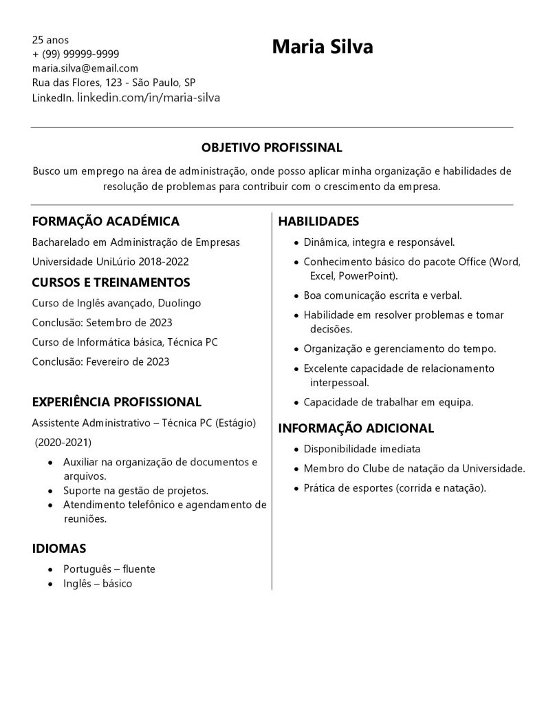 Currículo para quem nunca trabalhou pronto em Word