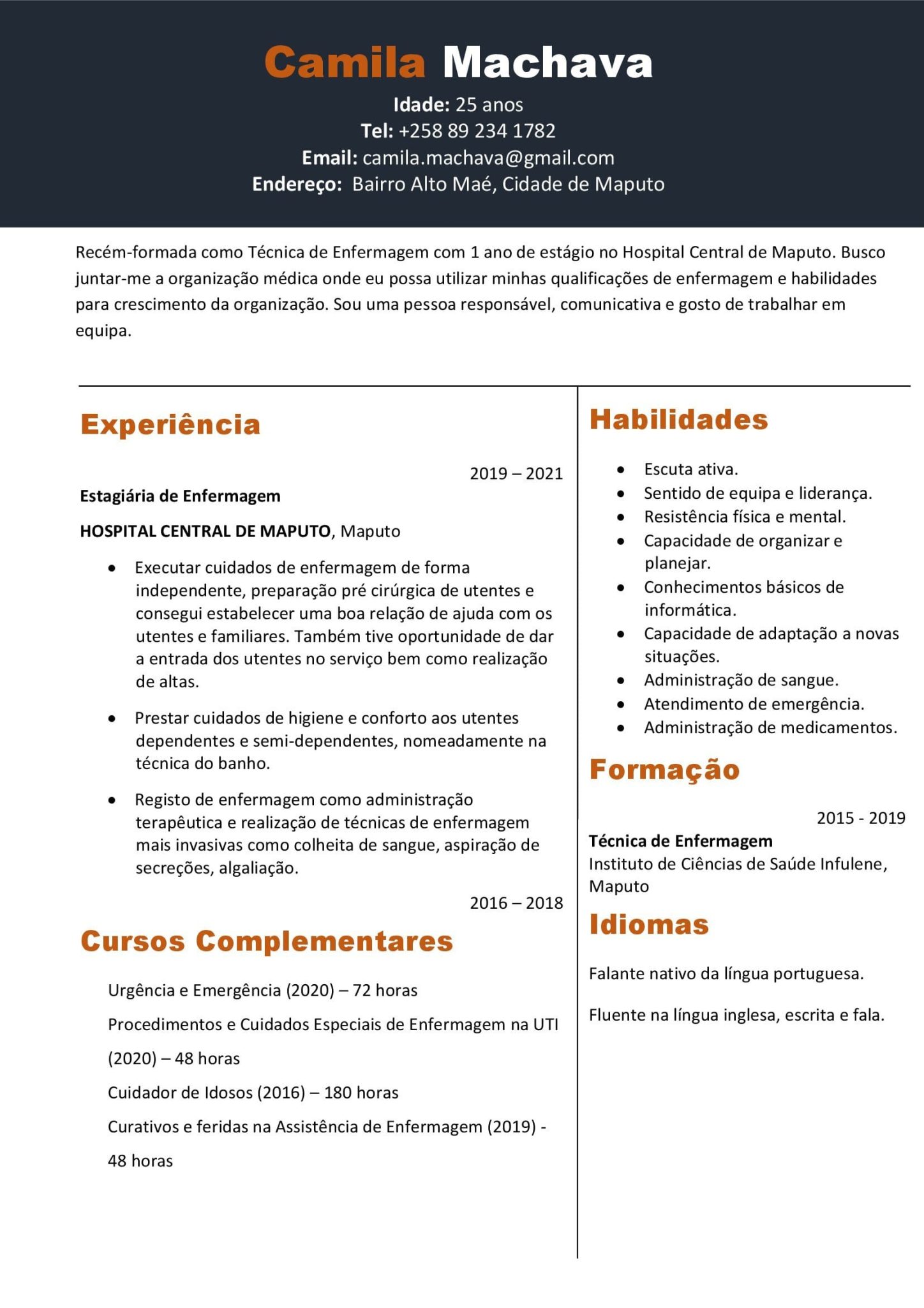 Currículo para técnico de enfermagem recém-formado