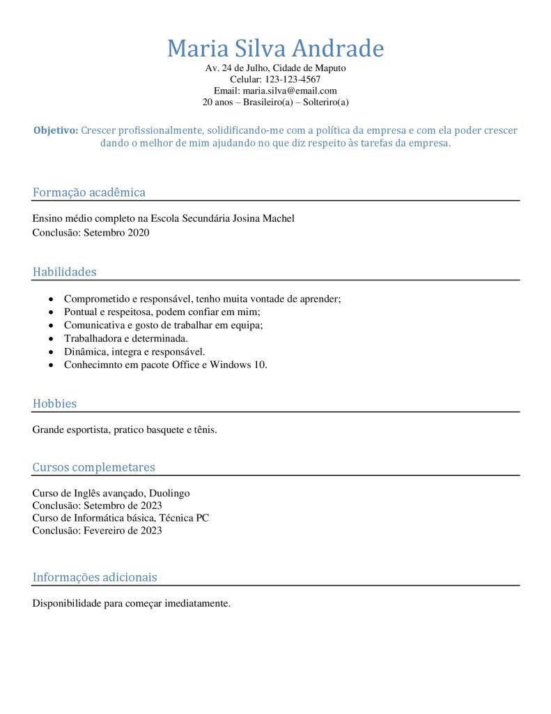 Modelo de currículo para primeiro emprego jovem aprendiz Carmen