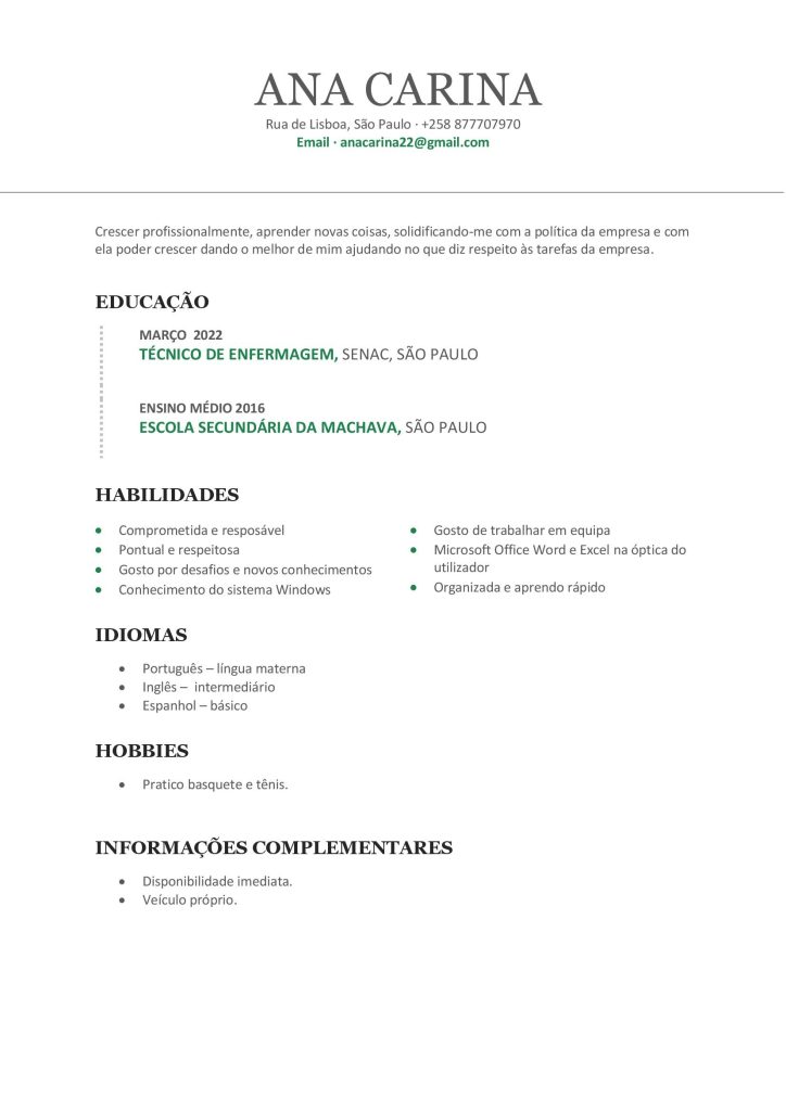 modelo de curriculum para primeiro emprego Esther